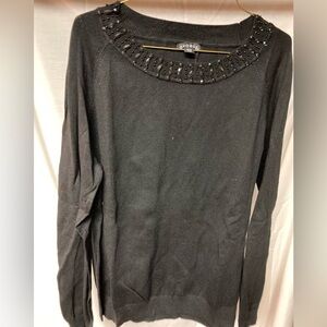 George Black Long Sleeve Top with Beaded Neckline